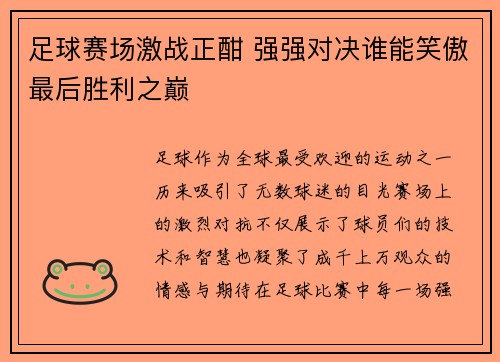 足球赛场激战正酣 强强对决谁能笑傲最后胜利之巅